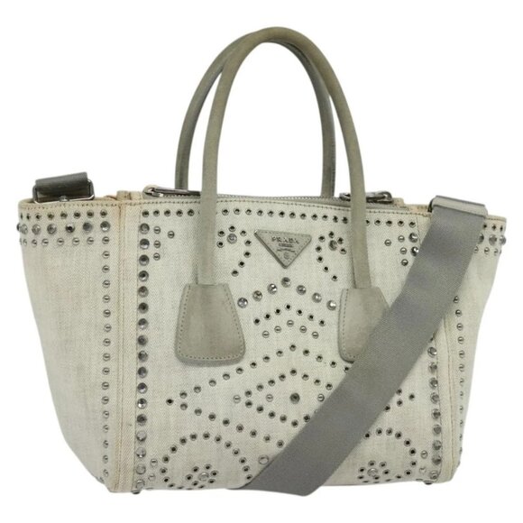 PRADA Hand Bag Canvas 2way White Silver Auth - Picture 1 of 16